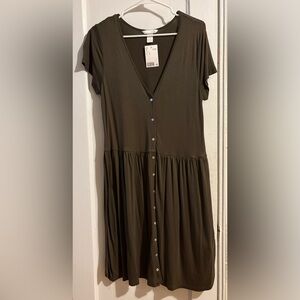 H&M Olive Button-Front Midi Dress | Size Medium